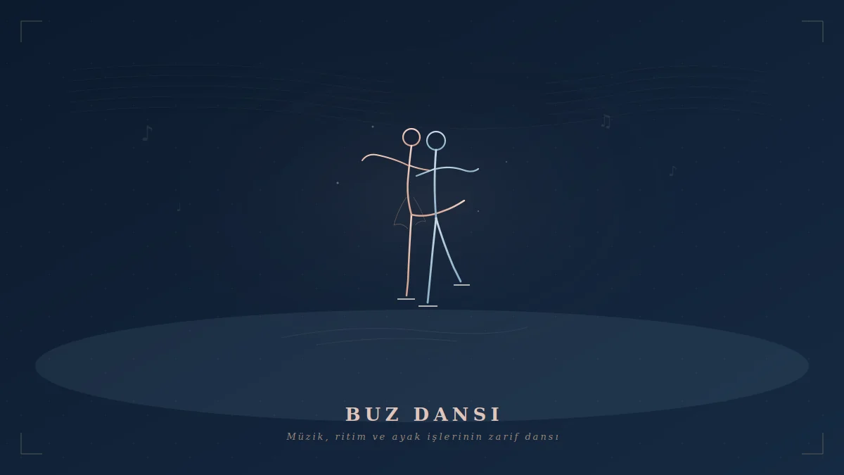 Artistik buz pateni buz dansı disiplininde birlikte dans eden patenci çifti ve arka planda müzik notaları