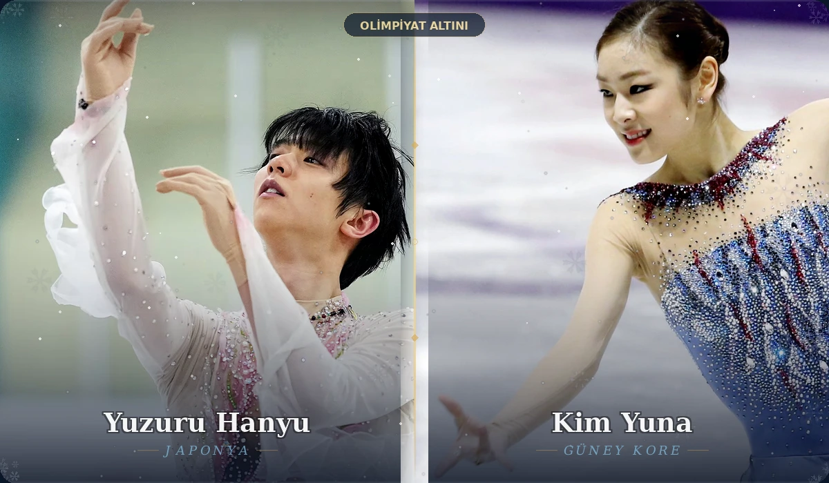 Yuzuru Hanyu ve Kim Yuna yan yana artistik buz pateni kartı, olimpiyat altını temalı tasarım